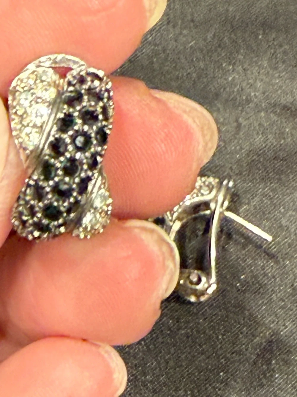 Silver Black & Clear Crystal Half Hoop Earrings Pavé Statement Huggies